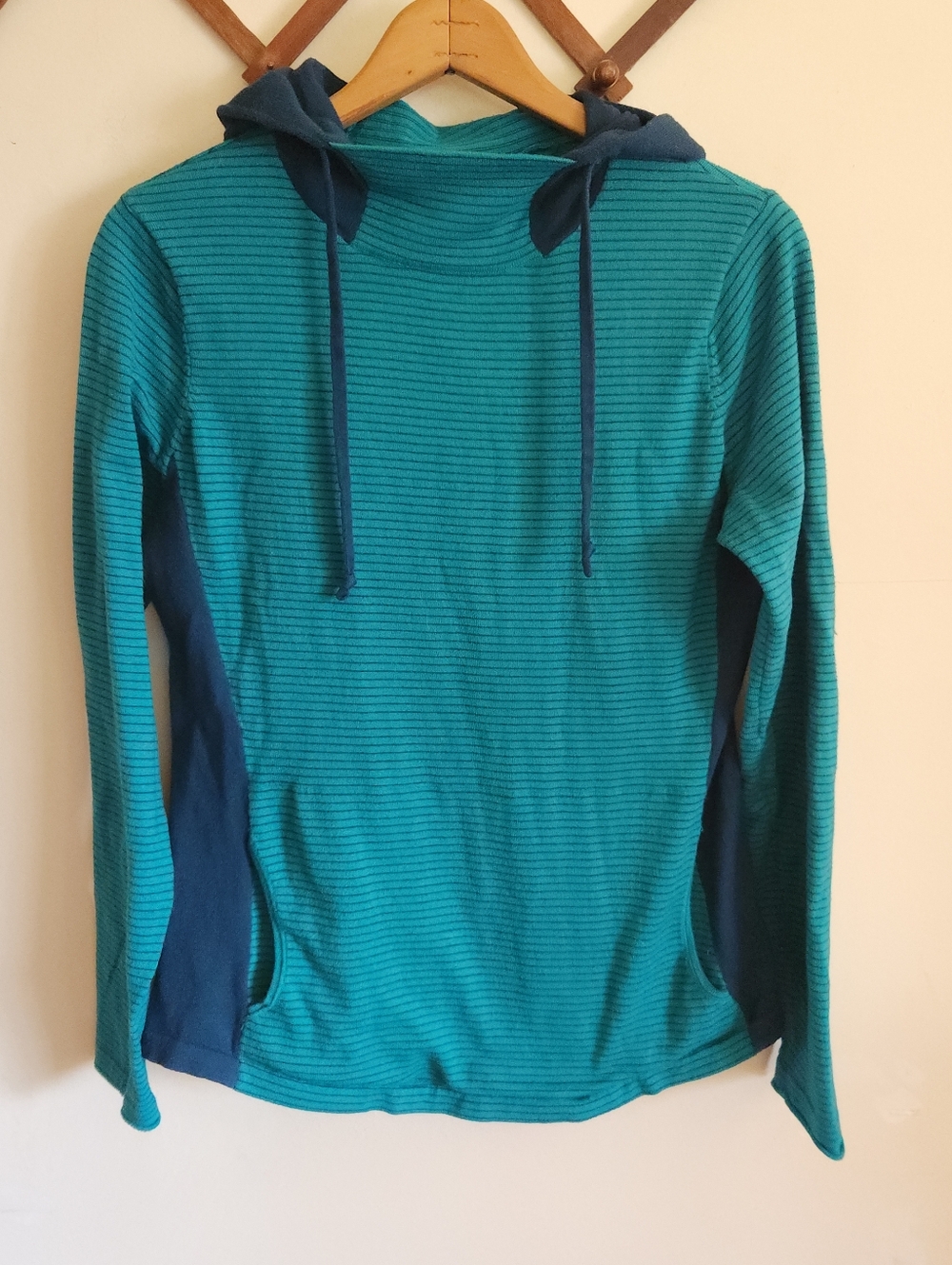 Duluth Trading Co Teal Striped Hooded Pullover Long Sleeve Sweatshirt Navy Mediu